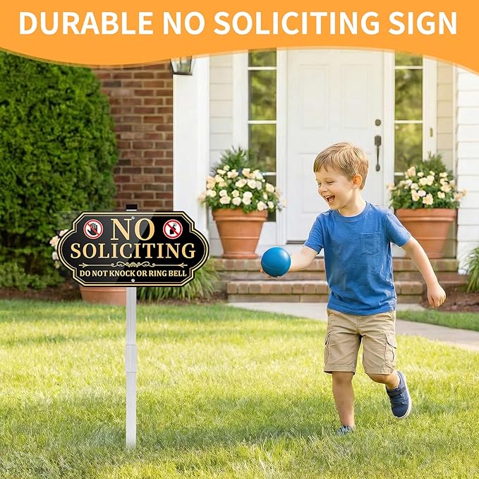 No Soliciting Sign for House, No Soliciting Yard Signs for Front Door Home, Aluminum Metal No Solicitation Sign 14 x 7 inches, with 28 inches Stake, Do Not Knock or Ring Bell