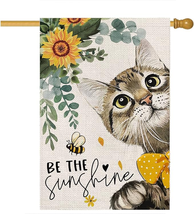 Summer Cat House Flags for Outdoor,Be The Sunshine Cat with Sunflowers Yard Flags for Outside,Spring Seasonal Decorative Flag for Farmhouse Holiday Decoration 28x40 Inch Double Sided