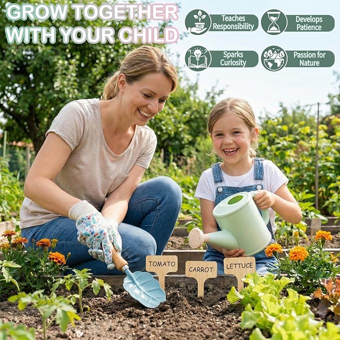 Kids Gardening Set Toys, Garden Tool for Kid with Tote Bag, Repotting Mat, Trowel, Shovel, Fork, Rake, Watering Can and Gloves, Montessori Toy for Kids, Outdoor Toys Gift for Toddlers Boys Girls
