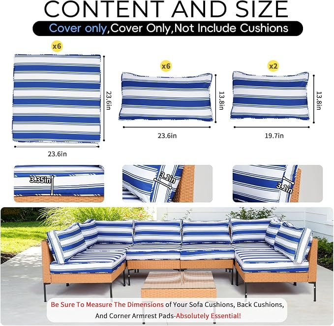 14 Piece Outdoor Patio Cushion Covers Replacement Waterproof with Zipper for 6-Seater Sectional Couch Chair Patio Furniture Conversation Sofa Seat Cushions Slipcovers Set, Only Cover