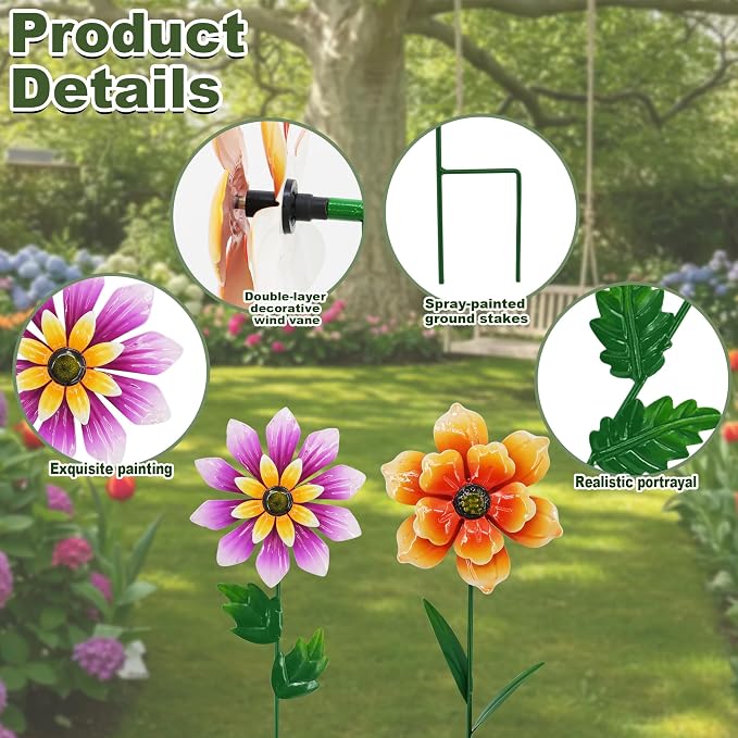 2 Pack Metal Flower Wind Spinner for Yard, 18in Outdoor Garden Stake with Retro Floral Design, Kinetic Patio Lawn Art, Weather Resistant Spring Decor