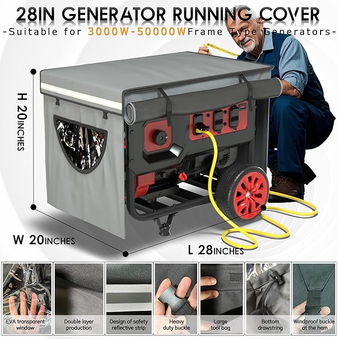 Generator Covers While Running, Universal Generator Cover, 600+210D Double Layer Production, Heavy Duty and Waterproof, 28 "L x 20" W x 20 "H, for 3000W-5000W+ Frame Type Generators, Grey