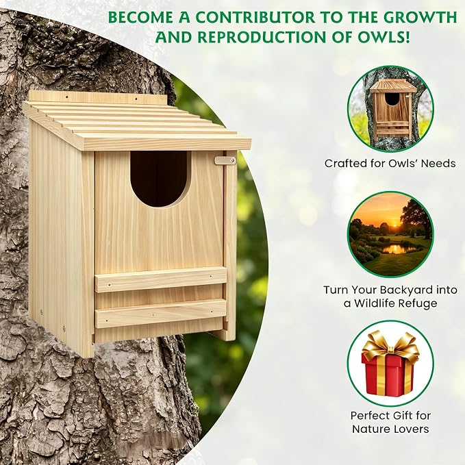 Pine Wood Owl Nesting Box with Shavings for Screech Owls & American Kestrels, 14" x 9" x 9" Outdoor Owl House, Weatherproof, Durable & Easy to Install, Natural Wood Color