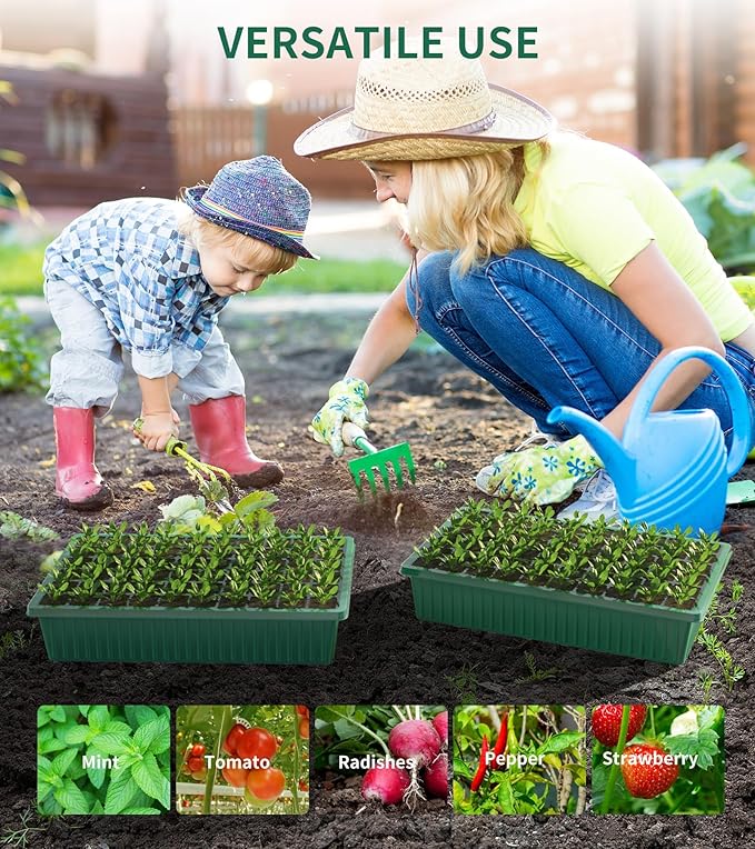 Seed Starter Tray, 120-Cells Seed Starter Kit with Grow Light, 2 Pack Reusable Seeding Starter Trays with Air Vent Humidity Domes for Greenhouse Gardening Indoor Planting Growing (Green Base)