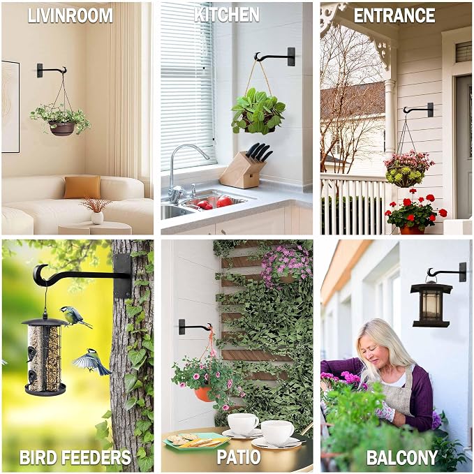 Qiang Ni Bird Feeder Hanger: 8-Inch Wall-Mounted Plant Bracket Outdoor - 2 Pieces Black Plant Hooks for Hanging Flower Baskets