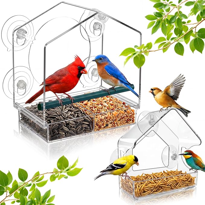 Window Bird Feeder with Non-Marking Self-Adhesive Hooks, 2 pcs Clear and Transparent, Outdoor Wild Bird Watching Gift for Finches, Cardinals (1 Large+1small Acrylic)