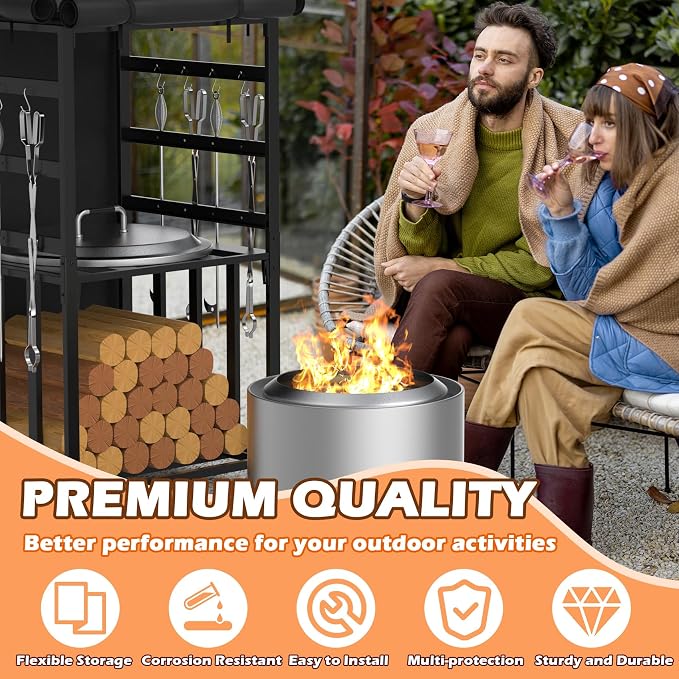 Firewood Storage Rack for Solo Stove Bonfire Ranger Yukon Fire Pit Accessories, Black Steel with Powder Coated Finish, Adjustable Shelves, Waterproof Cover, 29.9" x 25.6" x 52.9"