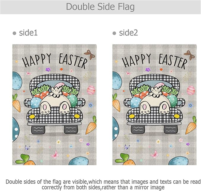 Happy Easter Day Bunny Tail House Flag 28x40 Inch Double Sided Outside Easter Eggs Truck Rabbit Buffalo Plaid Yard Outdoor Flag Banner for Garden Lawn Patio Holiday Decorations