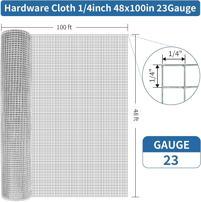 Zevemomo 48" x 100' 1/4inch Hardware Cloth 23Gauge Chicken Wire Fence Galvanized Welded Mesh Roll for Home Garden Rabbit Cage