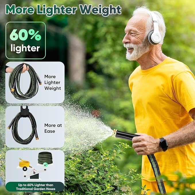 Toolasin Garden Hose 50FT, Lightweight Water Hose with 3/4", Non-Expanding, Potable, Easy Storage, Portable and Flexible Kink-Free PVC Inner Core, 500 PSI Burst Strength Outdoor Hose for Garden, Green