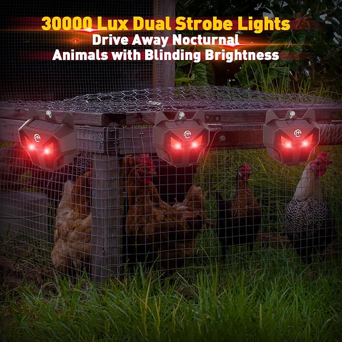 Solar Nocturnal Animal Repeller with Red LED Flashing Lights – Effective Coyote, Raccoon, Skunk, Deer & Hawk Deterrent – Waterproof Predator Lights for Yards, Gardens & Chicken Coops