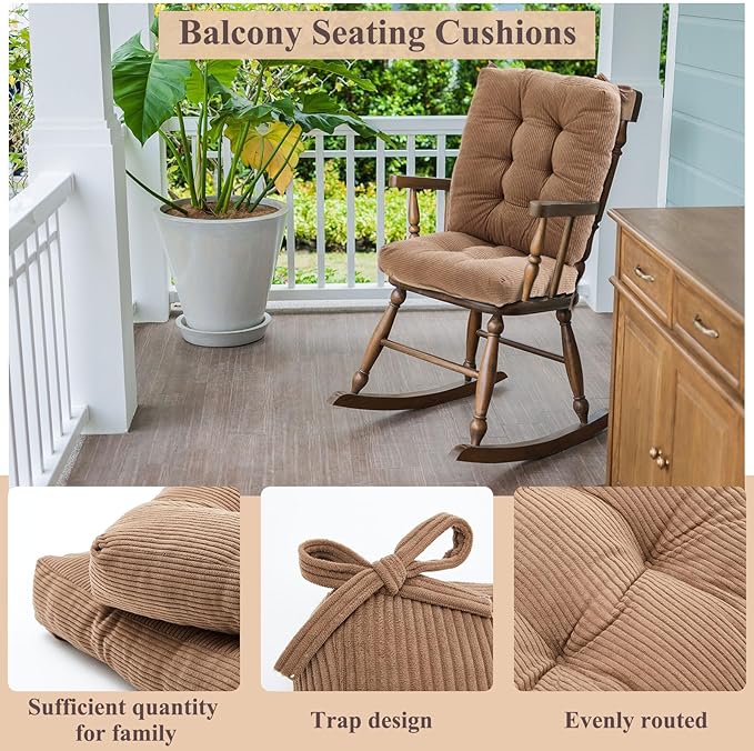 Juexica 4 Set Outdoor Patio Chair Cushions Corduroy Seat High Back Tufted Pillow Replacement Rocking Chair Cushions Patio Chair Pads for Autumn Winter Seasonal Indoor Home Office (Khaki)