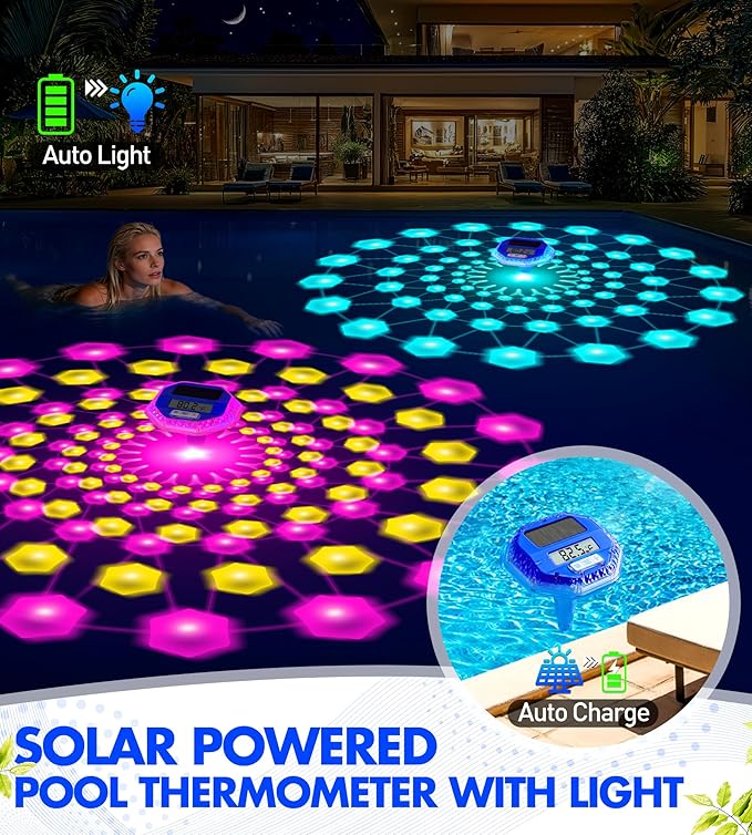 Sinbyuer 2026 Upgrade Digital Solar Pool Thermometer Easy Read | Pool Temperature Thermometer Floating with Dynamic Light Show | Large LCD Screen & Big Number Pools Temperature Gauge for Hot Tub & Spa