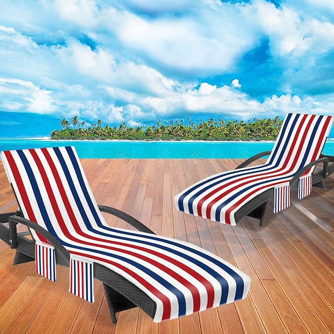 Lounge Chair Towel Cover, Beach Chair Covers (Pack of 2), Chaise Lounge Cover with 3 Pockets for Pool Beach Garden Courtyard Outdoor Trips, 85 x30 in, Striped Dark Blue Red
