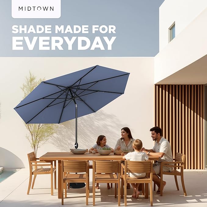 Midtown Umbrellas - 10-Year-No-Fade 6 Ft Patio Umbrella with Terylast Fabric, Auto-Tilt Aluminum Frame and 8 Reinforced Ribs for Deck, Pool, Garden & Beach - Pale Navy Canopy, Black Pole