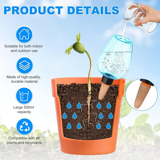 M METERXITY 3-Pack Plant Self Watering Globes, 5.1 oz Plastic Rose Water Bulbs Top Fill for Indoor/Outdoor Plants, Self Watering Spikes Slow Release Terracotta [Blue]