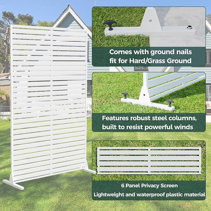Outdoor Privacy Screen Freestanding Privacy Panel, 6FT Tall Freestanding HDPE Privacy Fence Panels with Louver Pattern 6 Panels, Decorative Privacy Screen for Outside,Patio, Balcony,White