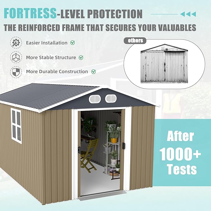 KEIKI 8x12 FT Heavy-Duty Outdoor Storage Shed, Metal Shed with Reinforced Frame, Lockable Doors & Air Vents, Weatherproof Garden Tool Shed for Backyard, Brown