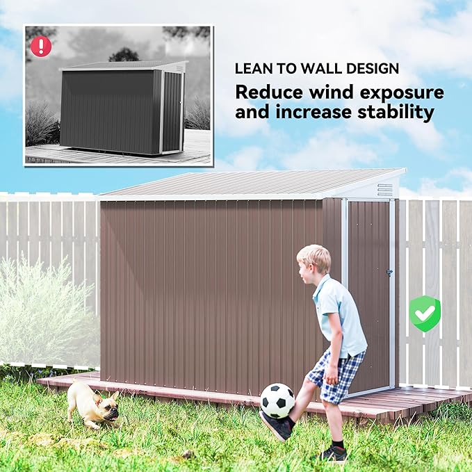 Outsunny 4' x 8' Metal Outdoor Storage Shed, Lean to Storage Shed, Garden Tool Storage House with Lockable Door and 2 Air Vents for Backyard, Patio, Lawn, Brown