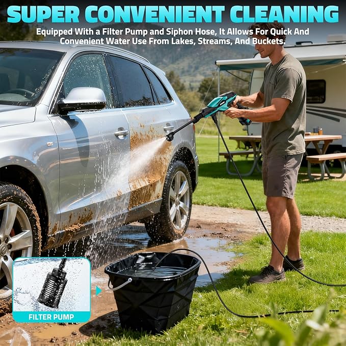 Cordless Portable Cleaning Tool, 800PSI Brushless Cleaning Tool with 18V 4.0Ah Battery, 17FT High Elastic Hose, 6-in-1 Nozzle and Storage Handbag, 3 Power Level Adjustable for Home, Car, Garden