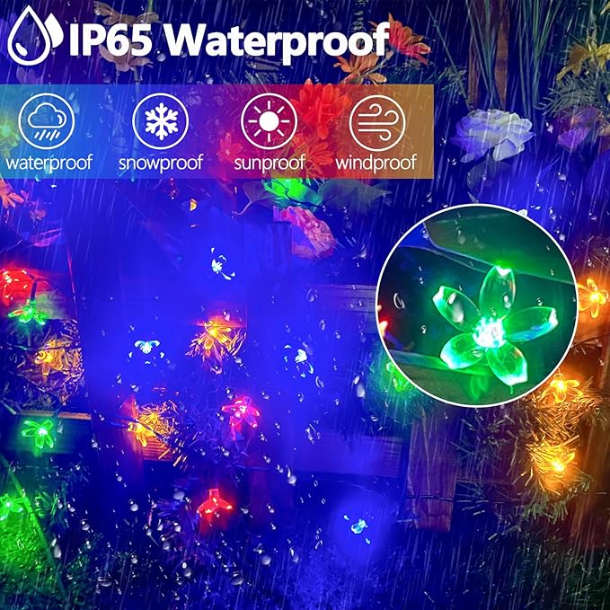 OZS 2PK 80LED 50FT Flower Solar String Lights Outdoor Waterproof, Cherry Blossoms Multicolor Lights with 8 Lighting Modes, Garden Decor for Outside, Pathway Light for Fence, Patio, Yard
