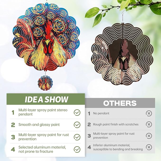 Rooster Wind Spinners Outdoor for Mother's Day, IDEA SHOW 12In Stainless Steel Wind Spinners, 3D Kinetic Hanging Sculpture, Rustproof Metal Garden Decor Ornaments for Yard Art, Women, Men, Holidays
