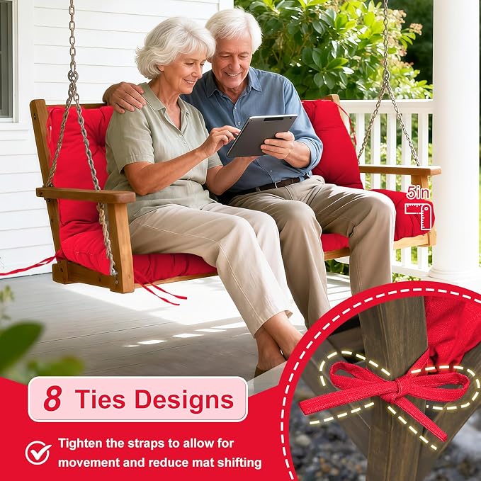 Porch Swing Cushions Outdoor 40 inch x 40 Waterproof Swing Cushions 3 Seater Replacement with Backrest & 8 Ties 5" Thick Bench Swing Cushions for Outdoor Furniture Patio(Red)