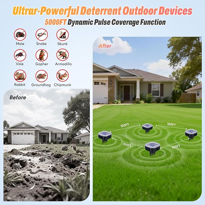 10 Pack Mole Repellent Solar Powered, Snake & Skunk & Vole & Gopher & Armadillo & Rabbit & Groundhog & Chipmunk & Raccoon Repellent for Yard, IP65 Waterproof Ultrasonic Deterrent for Lawns Garden