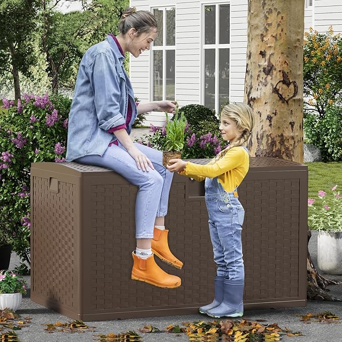 120 Gallon Large Deck Storage Box - Lockable Waterproof Resin Outdoor Chest - Weatherproof Rattan Style, Side Handles, Ideal for Patio Furniture, Garden Tools, Pool Accessories - Brown