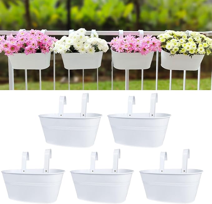 LaLaGreen Outdoor Plants Rail Planter (11.2 Inch, 5 Pack) White Metal Iron Hanging Flower Pots Deck Railings Fence Balcony Modern Boho Style Wall Mount Window Box Plant Holder Hooks Porch Home Décor