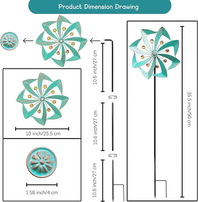 Metal Wind Spinners Outdoor, 360° Yard Wind Spinner Outdoor with Stake, Kinetic Windmill for Yard and Garden, Lawn, Patio, 33.5"× 10" (Green Copper)