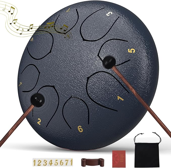 Rain Drum for Outside Garden, 6 Inches 8 Notes Steel Tongue Chakra Drums, Waterproof Echo Rain Chime Meditation Drums, Musical Instruments for Adult Gift with Bag, Music Book, Drum Mallets (Navy Blue)