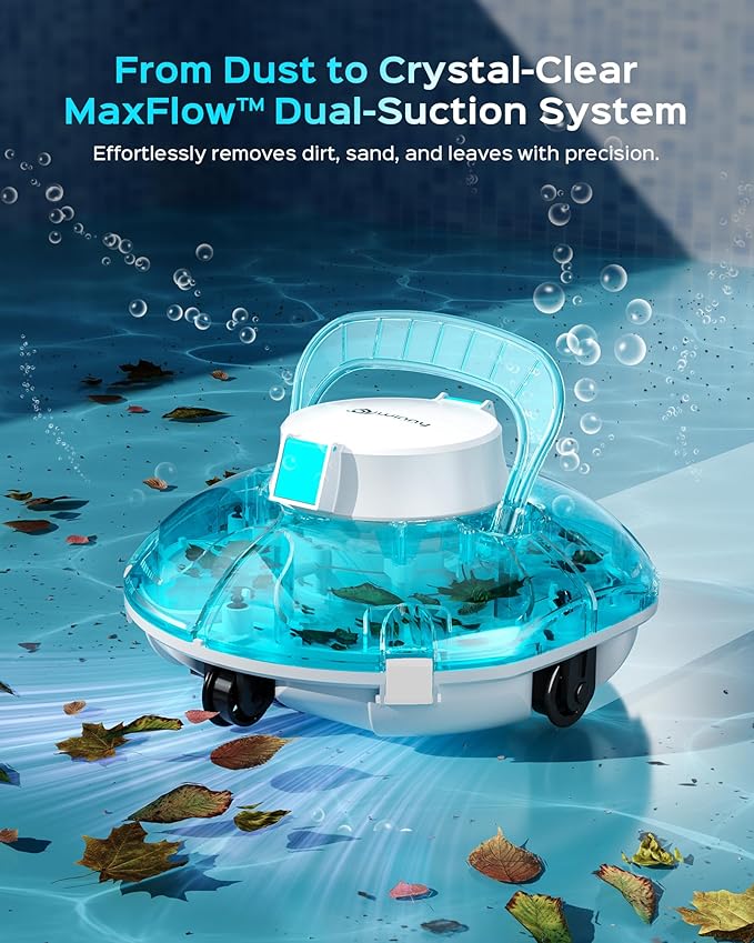 Cordless Robotic Pool Cleaner, Lasts 80 Min, Automatic Vacuum for Above-Ground Pools up to 650 Sq.ft,Portable, Self-Parking (Sky Blue)