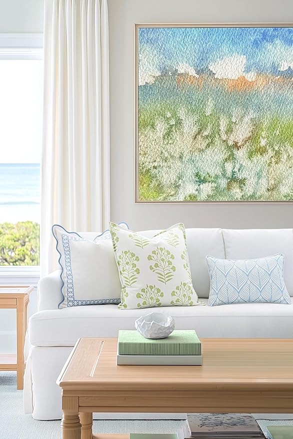 Hofdeco Premium Coastal Patio Indoor Outdoor Lumbar Pillow Cover Only, 12"x20" Water Repellent for Backyard, Couch, Baby Blue Print Geometric Leafs