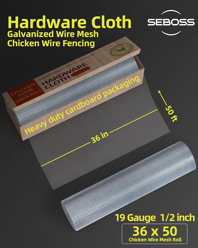 SEBOSS 36''x50' Hardware Cloth 1/2 inch 19 Gauge - Hot-dip Galvanized After Welding - Chicken Wire Fence Roll Galvanized Wire Mesh Roll Garden Fence Tree Guard Welded Wire Fencing