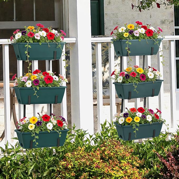 Window Boxes Planters with Adjustable Brackets Set of 2 Outdoor Fence Planters, Over the Deck Railing Planter Box with 6 Pack Hanging Plastic Flower Pots, Drainage Holes for Balcony, Patio, Green