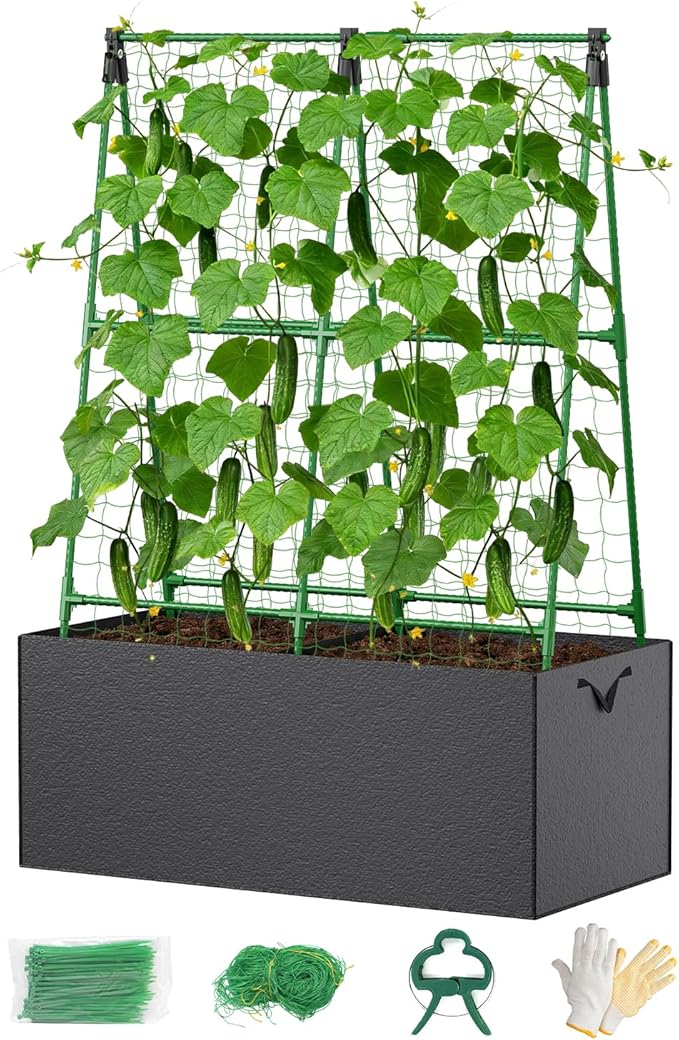 Cucumber Trellis with for Climbing Plants, A-Shape Garden Trellis with Grow Bags, Metal Plant Trellis with Garden Netting for Vegetables Flowers Fruits (A-Shape)