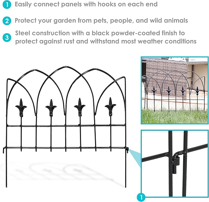 Sunnydaze Bayonne 8' Set of 5 Steel Decorative Garden Fence Panels - 19" W x 19" H Per Panel - Black