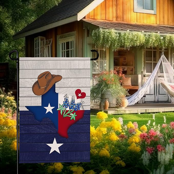 Texas Bluebonnet Garden Flag Cowboy Hat Texas State Yard Flag Americana Western Garden Flags Polyester Double Sided for Outdoor Lawn Yard Patio Deck Porch Welcome Banner Gift 12 x 18 Inch