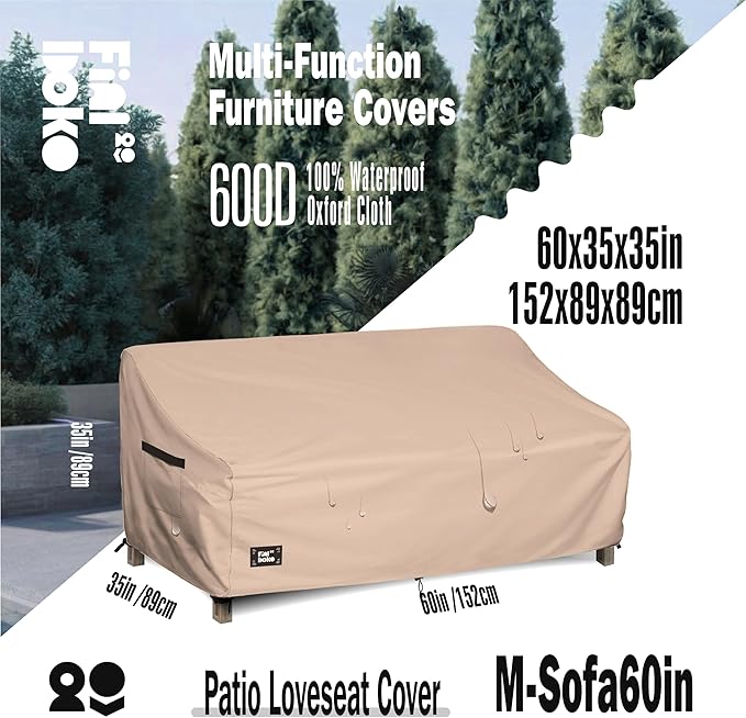 2-Seater Outdoor Couch Cover,60" Wx38 Dx35 H Patio Loveseat Cover,100% Waterproof Heavy Duty Patio Sofa Covers,Patio Furniture Covers,Light Brown