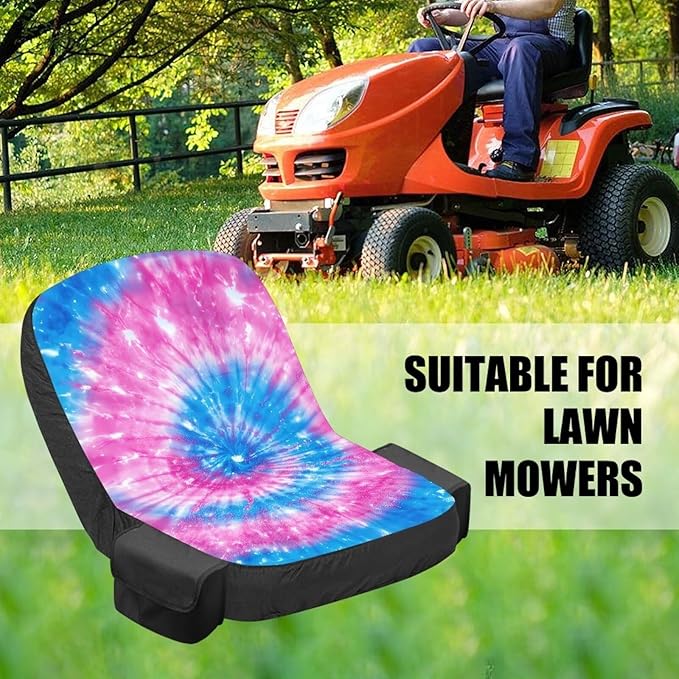 Tie Dye Tractor Seat Cover with Drink Pouch Waterproof Lawn Mower Seat Cover Protector with Side Pockets Compatible with Craftsman Cub Cadet Kubota