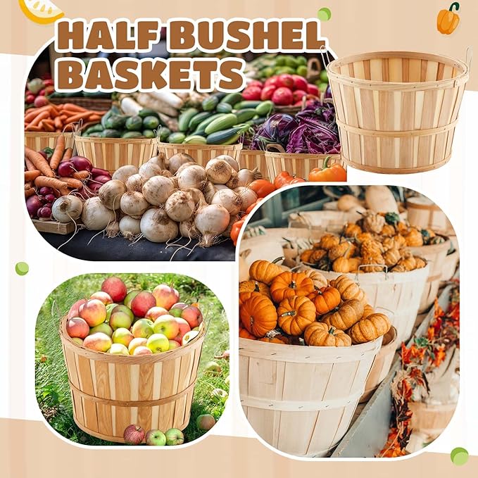 Marsui 8 Pcs Jumbo Half Bushel Baskets, 14 x 9.5 Inch Large Round Wooden Apple Basket with Handles Handcrafted Produce for Farmers Market Harvest Fruit Plants or Commercial Use