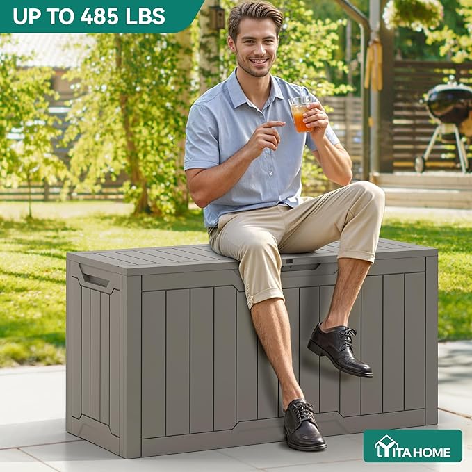 YITAHOME 80 Gallon Resin Deck Box, Outdoor Lockable Storage Box for Patio Furniture, Waterproof Patio Deck Box for Cushions, Pool Supplies, Sports Equipment and Garden Tools, Taupe