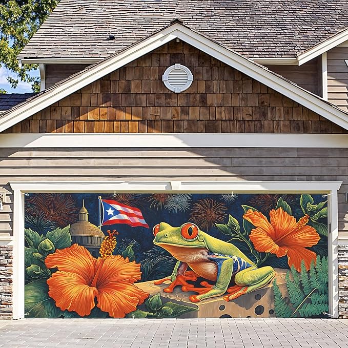6 * 13FT Summer Puerto Rico Garage Door Cover Decorations Sunset Palm Trees Garage Door Banner for Outdoor Indoor Summer Party Photography Backdrop