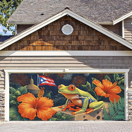 6 * 13FT Summer Puerto Rico Garage Door Cover Decorations Sunset Palm Trees Garage Door Banner for Outdoor Indoor Summer Party Photography Backdrop