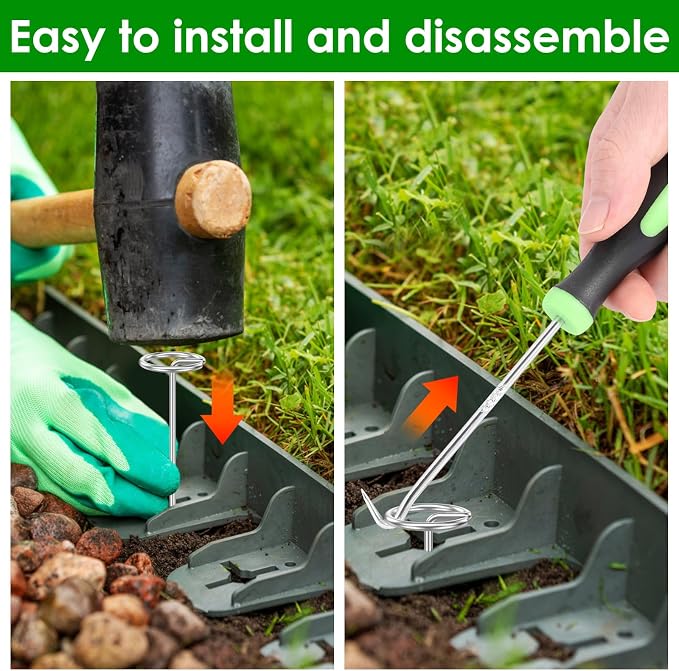 240 Pcs Landscape Fabric Pins 6 inch, Thickened 8 Gauge Circle Top Garden Stakes, Landscape Staples Pins with 2 Puller Hooks for Tent Weed Barrier Fabric Plant Cover Landscape Pins Stronger