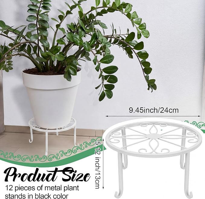 Maitys 12 Pack Metal Plant Stands Outdoor Indoor Heavy Duty Flower Potted Holder Anti-Rust Plant Pot Shelf Round Flower Display Rack for Porch Garden(Curved Leg,White)