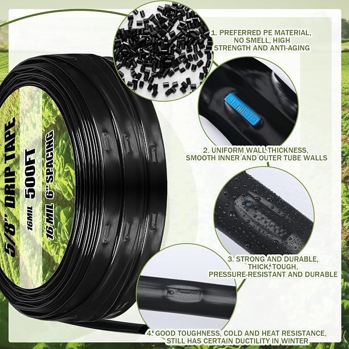 Tondiamo 500 ft 5/8 Inch Drip Tape Irrigation Tubing Kit 8 Mil 6" Spacing Hose Garden Landscape Irrigation System Automatic Equipment for Farms