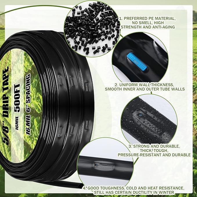 Tondiamo 500 ft 5/8 Inch Drip Tape Irrigation Tubing Kit 16 Mil 6" Spacing Hose Garden Landscape Irrigation System Automatic Equipment for Farms