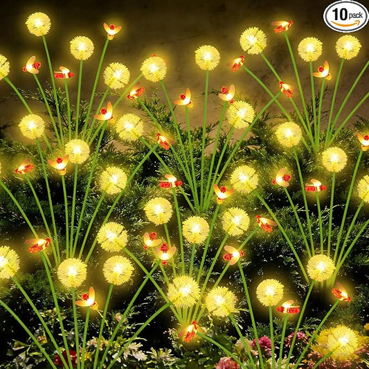 EEW Solar Garden Lights Outdoor 10 Pack 80 LED Swaying Dandelion Bee Lights | Newly 3-Layer Design, Auto On/Off, IP65 Waterproof, 2 Modes, Adjustable Stem, Garden Lawn Pathway Patio Party Decorations